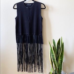 Zara Knit Black Long Fringe Sleeveless Top